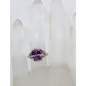 Sterling Silver 10mm Square Purple Amethyst‎ Ring with CZ Accents Size 7.5